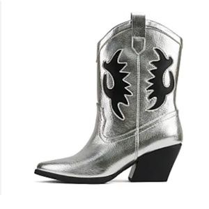 Soda Giga Silver Metallic Black Western Chunky Heel Mid Shaft Cowboy Boots NEW